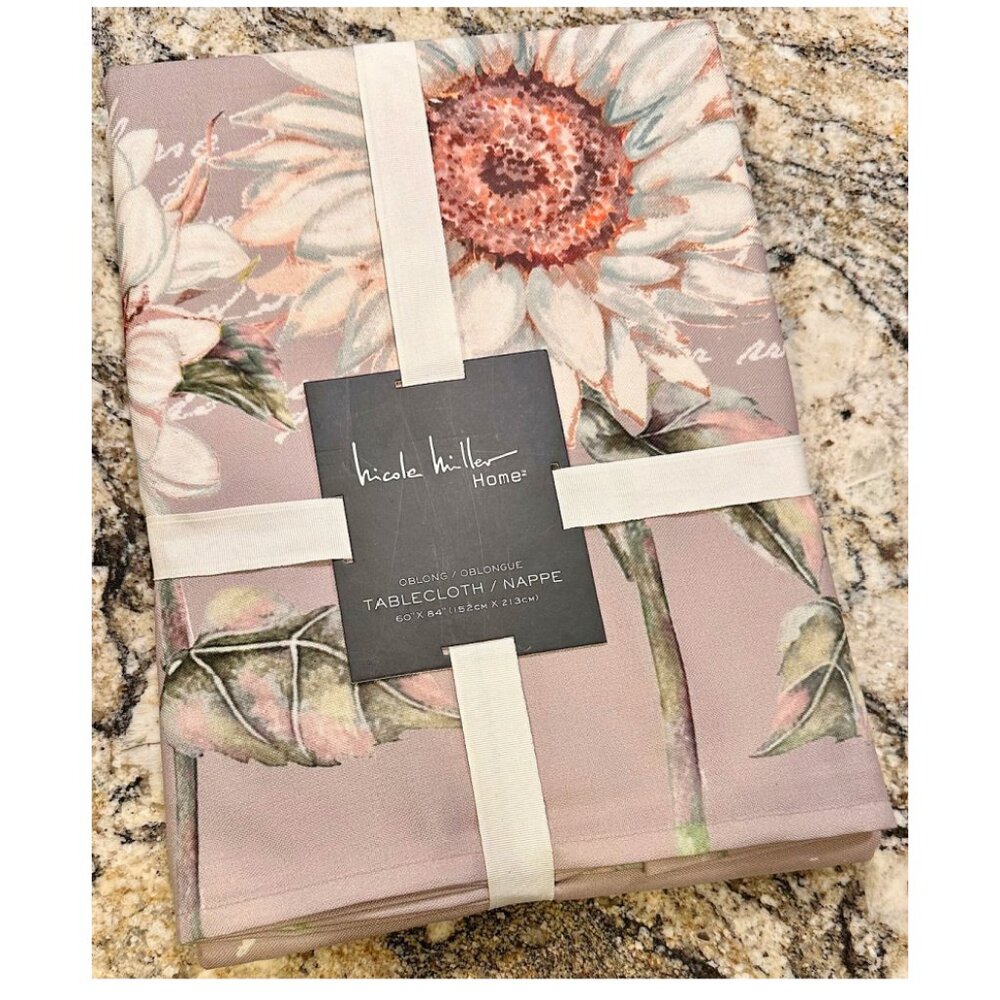 Nicole Miller White Sunflowers Fabric Tablecloth | 60" x 84"